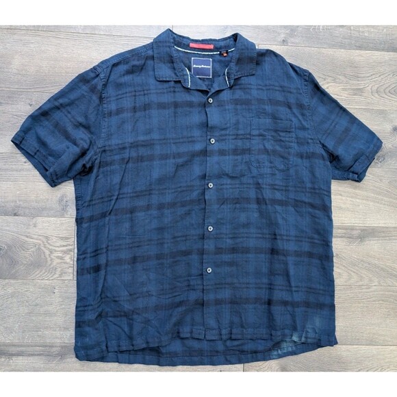 Tommy Bahama Men’s Navy Blue Plaid Linen Blend Button Front Shirt Sz XXL - Picture 2 of 4